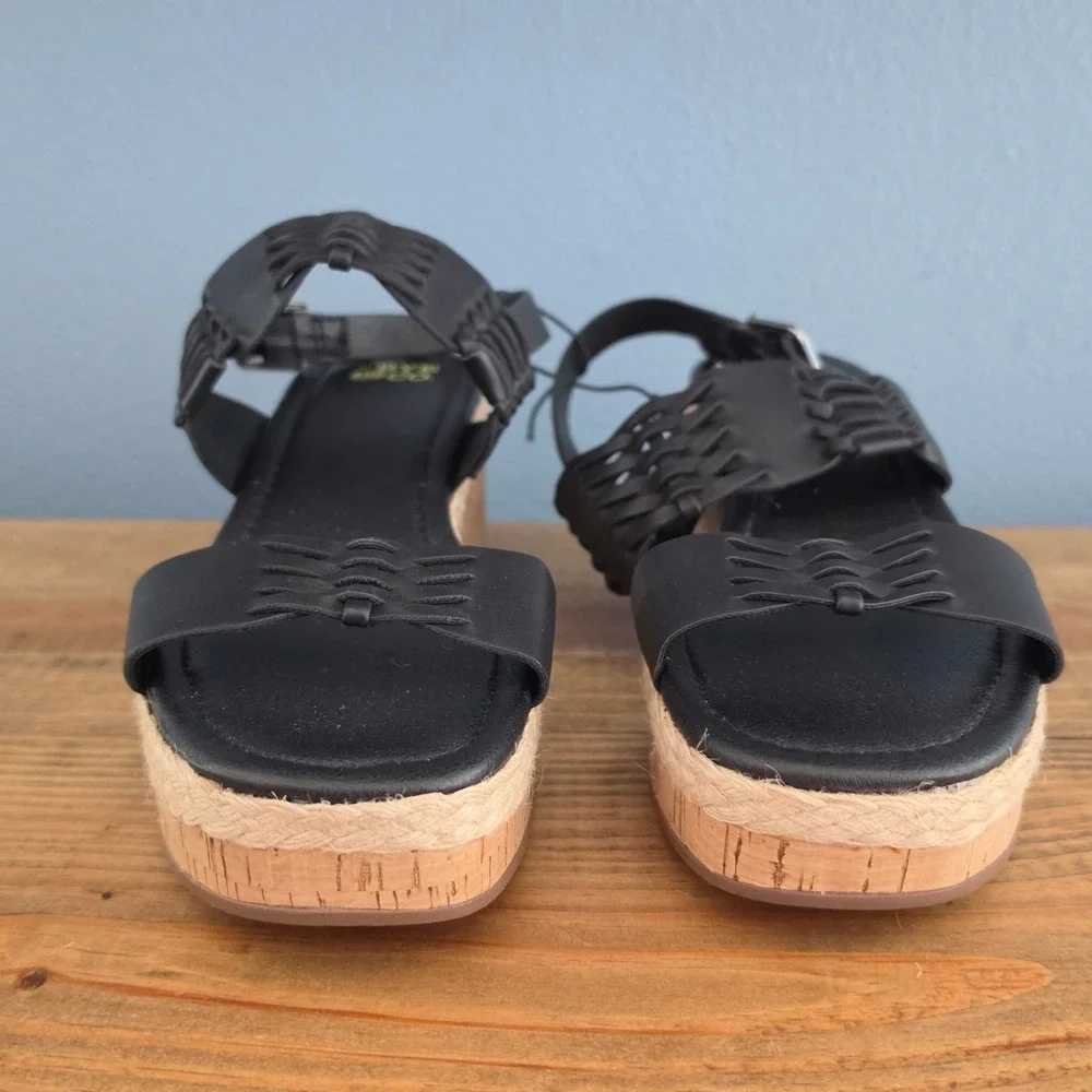Frye and Co Womens Lavish Wedge Sandal Black Woven Cork Platform Size 7M